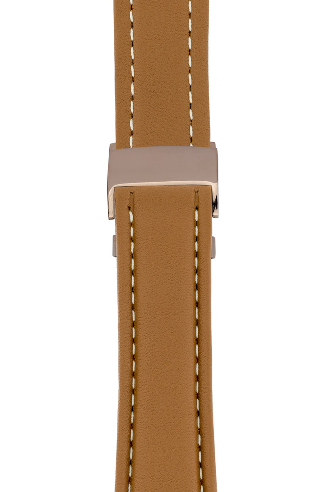 Breitling-Style Calfskin Deployment Watch Strap in Caramel Brown (with Polished Rose Gold Deployment Clasp)