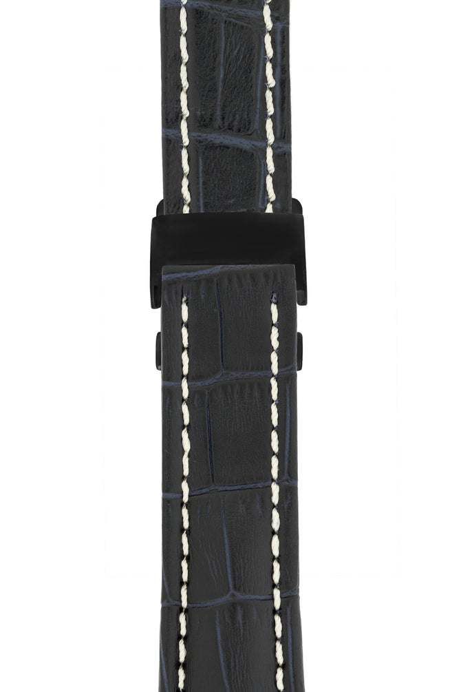 Breitling-Style Alligator-Embossed Deployment Watch Strap in Blue (with Black PVD-Coated Deployment Clasp)