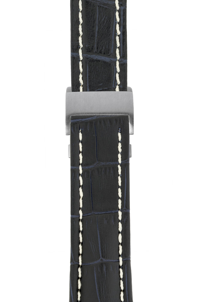 Breitling-Style Alligator-Embossed Deployment Watch Strap in Blue (with Brushed Silver Deployment Clasp)