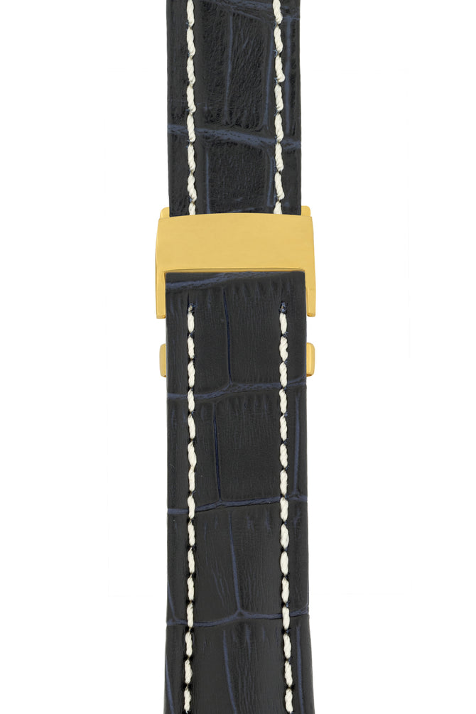 Breitling-Style Alligator-Embossed Deployment Watch Strap in Blue (with Polished Gold Deployment Clasp)