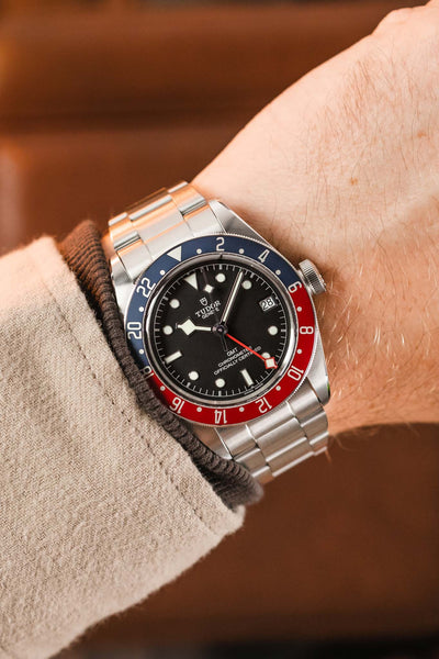 Tudor Black Bay GMT Pepsi Bezel fitted with Forstner Model 0 Oyster-Style Watch Bracelet in Brushed Finish worn on wrist