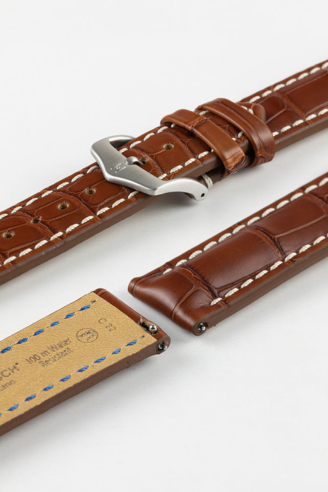 Hirsch CAPITANO Padded Alligator Water-Resistant Leather Watch Strap in GOLD BROWN