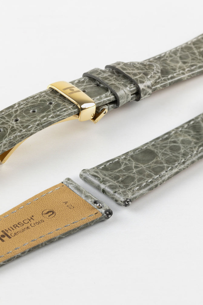Hirsch GENUINE CROCO Shiny Crocodile Leather Watch Strap in GREY