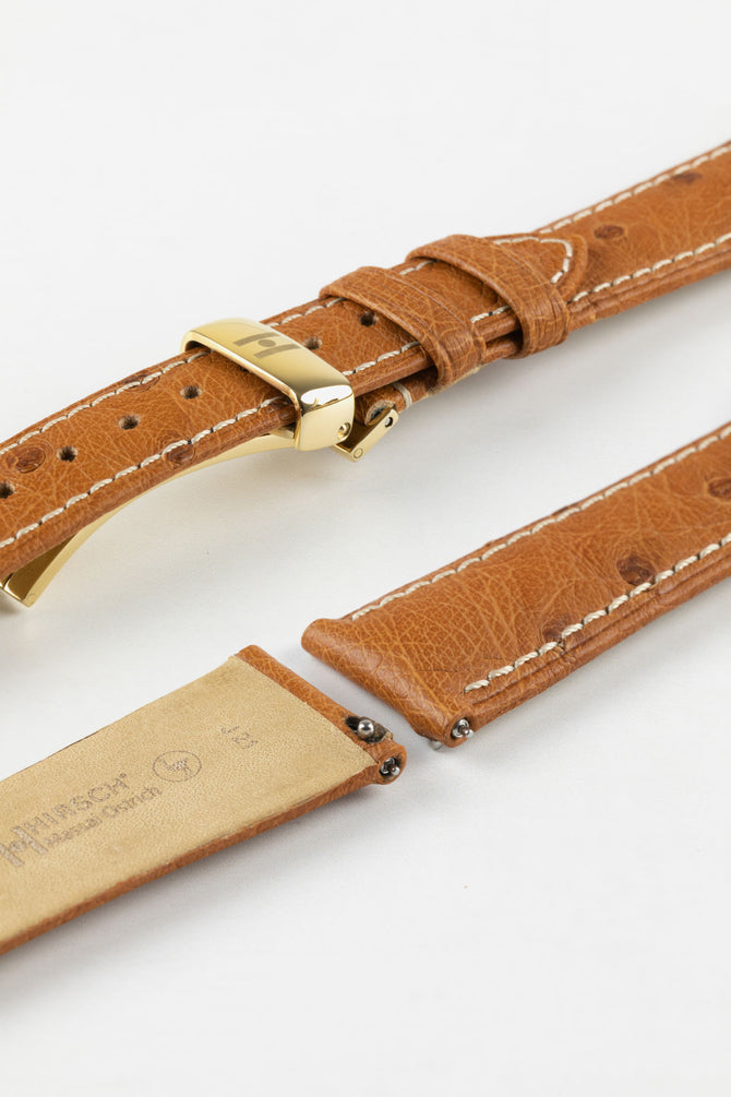 Hirsch MASSAI OSTRICH Leather Watch Strap in GOLD BROWN with WHITE Stitching