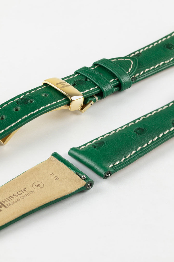 Hirsch MASSAI OSTRICH Leather Watch Strap in GREEN With WHITE Stitching