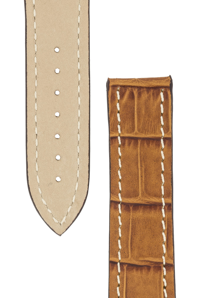 Omega-Style Alligator Embossed Leather Deployment Watch Strap in GOLD BROWN