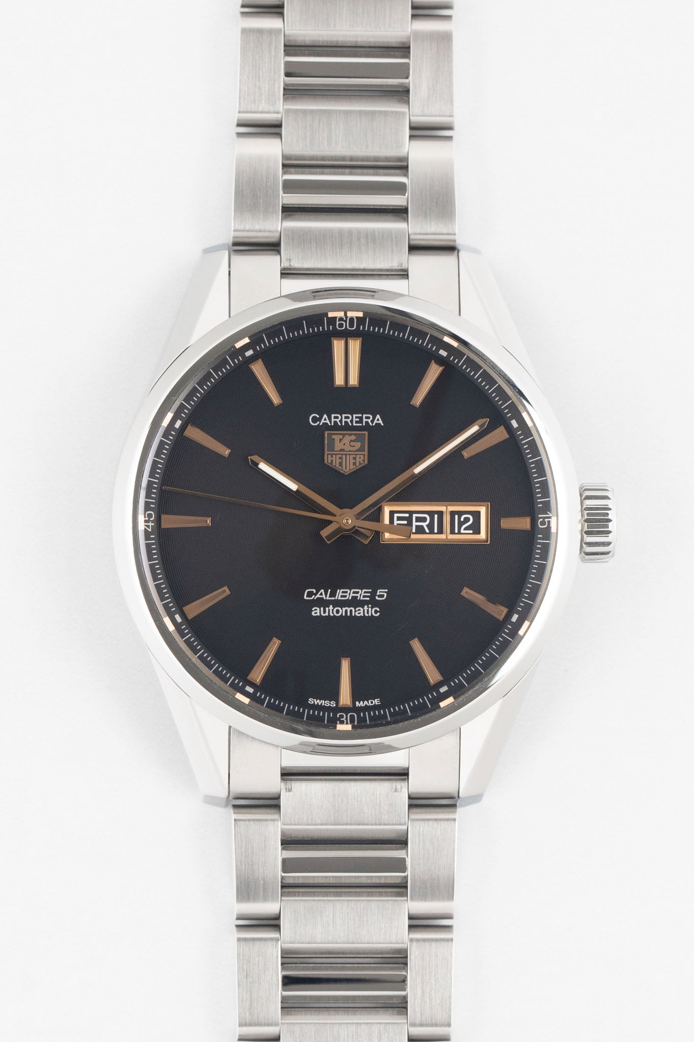 Tag heuer carrera calibre 5 day date sales rose gold