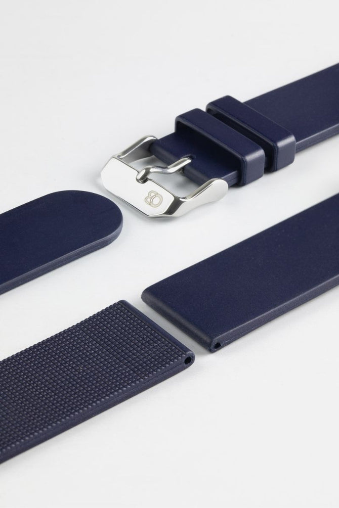 Upper    and lower of Bonetto Cinturini 270 Self Punch Rubber Watch Strap in Navy Blue with embossed polished steel buckle