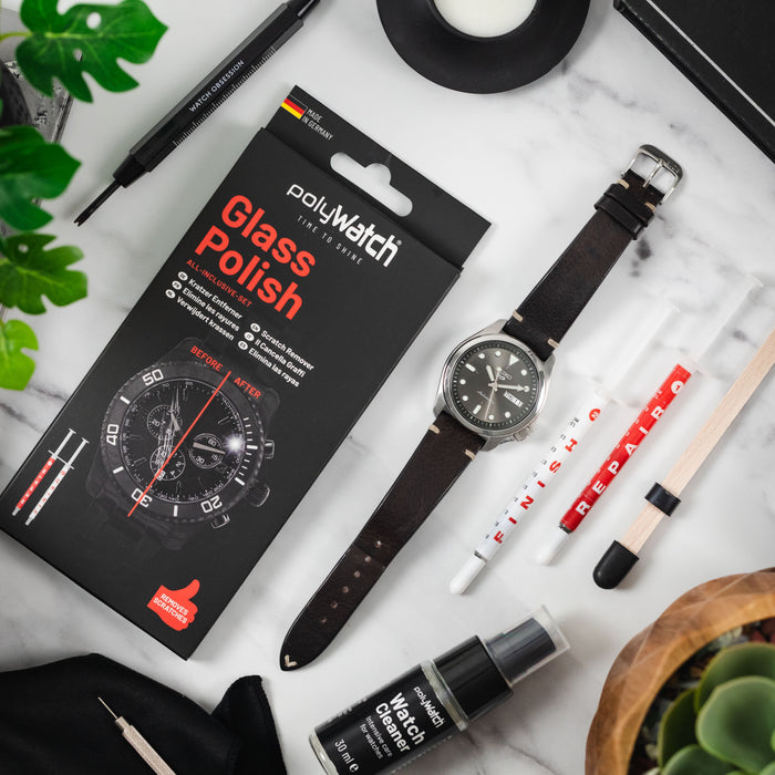 Polywatch guide: Preparing a watch strap for polishing, focusing on tools needed for Polywatch Glass Polish application. Watch care guide