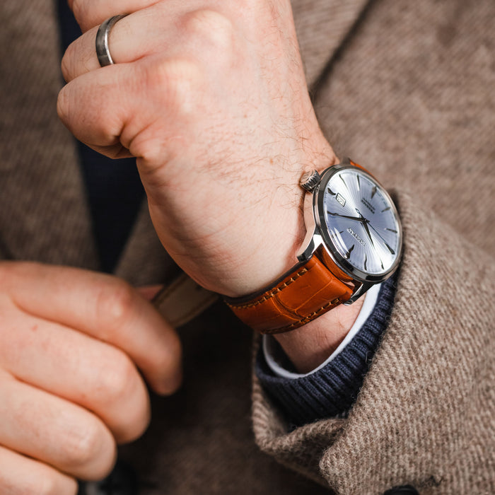 An alligator watch strap fitted to a Seiko Presage Cocktail Time Watch