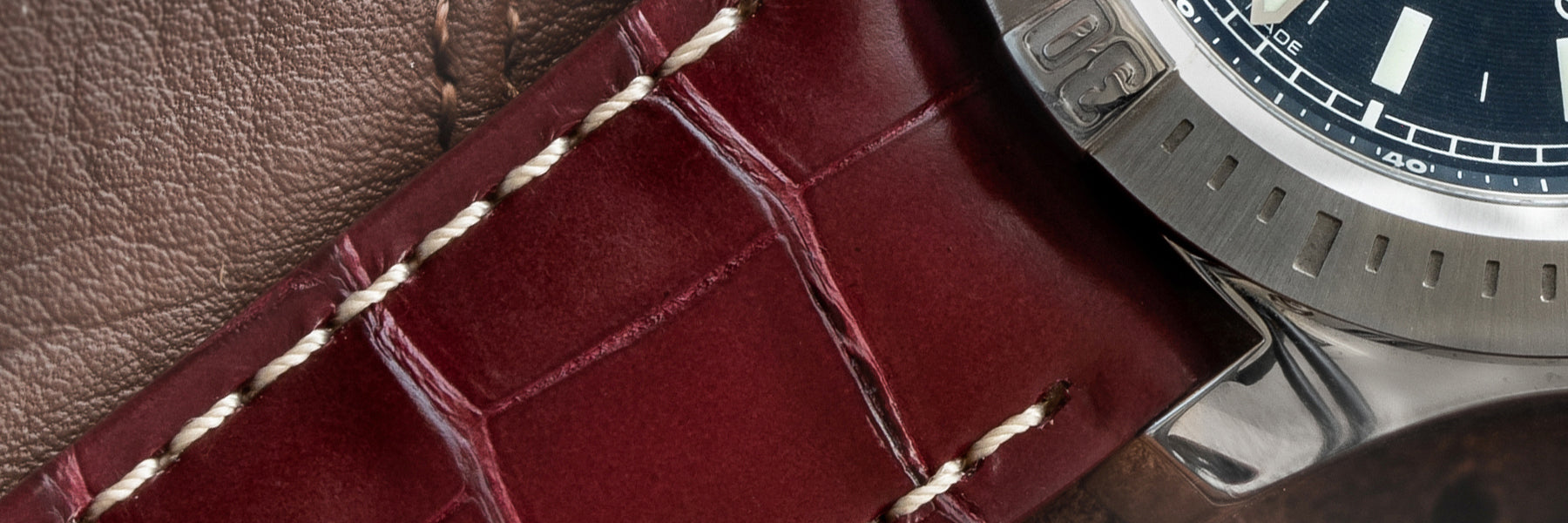 Close up of Hirsch Tritone Alligator in burgundy