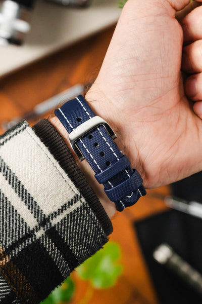 Artem Straps RM style deployant clasp in brushed and polished solid stainless steel fitted to Artem Straps classic sailcloth watch strap in Navy Blue with white stitching