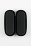 Open green zippered case with a soft black foam interior, holding two long, oval-shaped padded compartments, displayed on a plain light background.