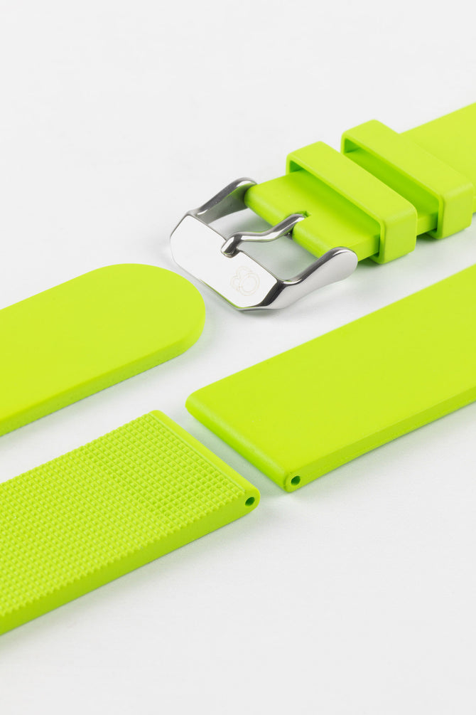Upper and lower of Bonetto Cinturini 270 Lime Green Self Punch Rubber Watch Strap with embossed brushed steel buckle