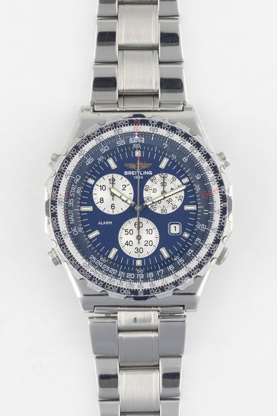 A front-facing studio shot of a Breitling Jupiter Pilot Quartz watch on a white background, showing the blue dial and stainless steel link bracelet.