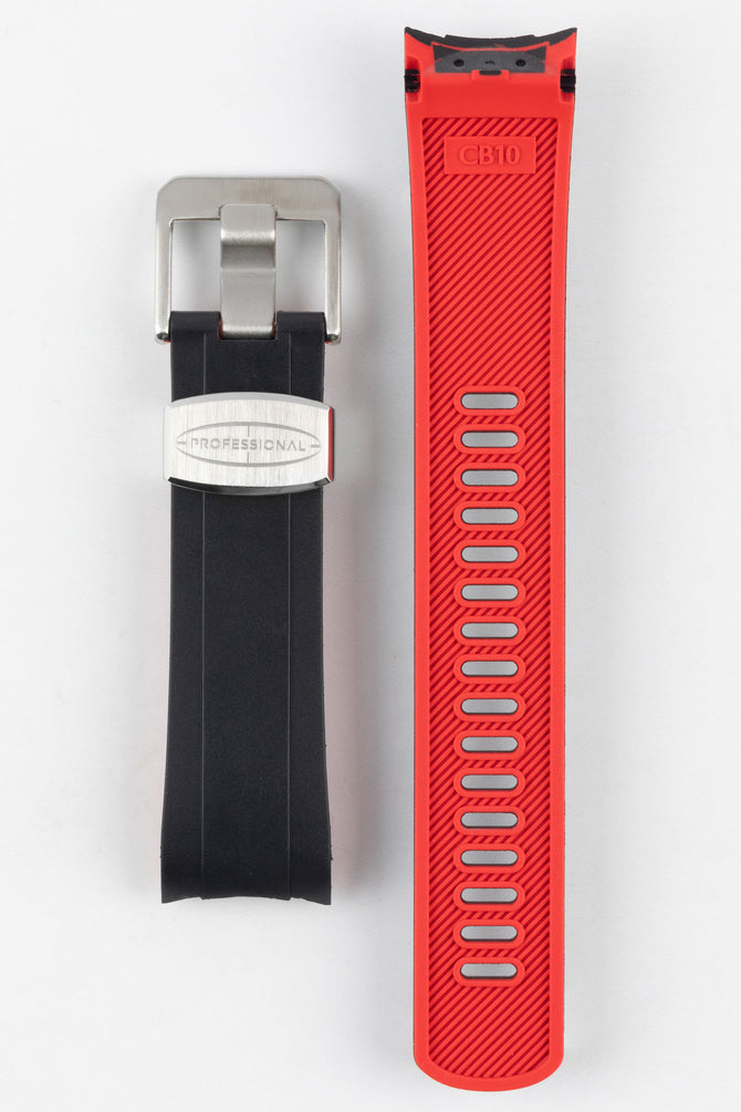 Crafter Blue CB10 Rubber watch strap for seiko 5 sports series with brushed stainless steel buckle and embossed keeper in black over layer and red underlayer