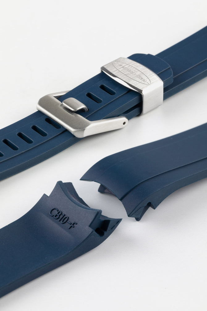 Navy Blue Crafter Blue CB10-F Curved end rubber watch strap showing brushed metal buckle and keeper
