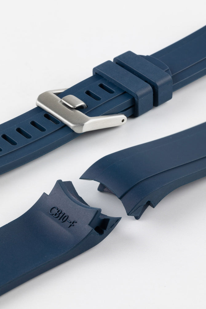 Crafter Blue CB10-F Curved end rubber watch strap showing brushed metal buckle and Rubber keeper