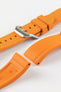 Product photo on the UX03 Rubber FKM watch strap showing the buckle done up in brushed steel, next to the underside of the strap showing the lug holes and curved fitting for comfort