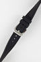 Crafter Blue watch strap done up with brushed silver stainless steel buckle twisted to show flexibility and comfort