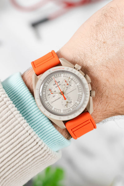 Swatch X Omega Collaboration MoonSwatch Mission to Jupiter Watch fitted to Crafter Blue Orange FKM Watch Strap