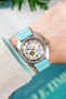 Contrasting watch and strap combo with Doxa SUB 300 on a Turquoise Rubber Watch Strap