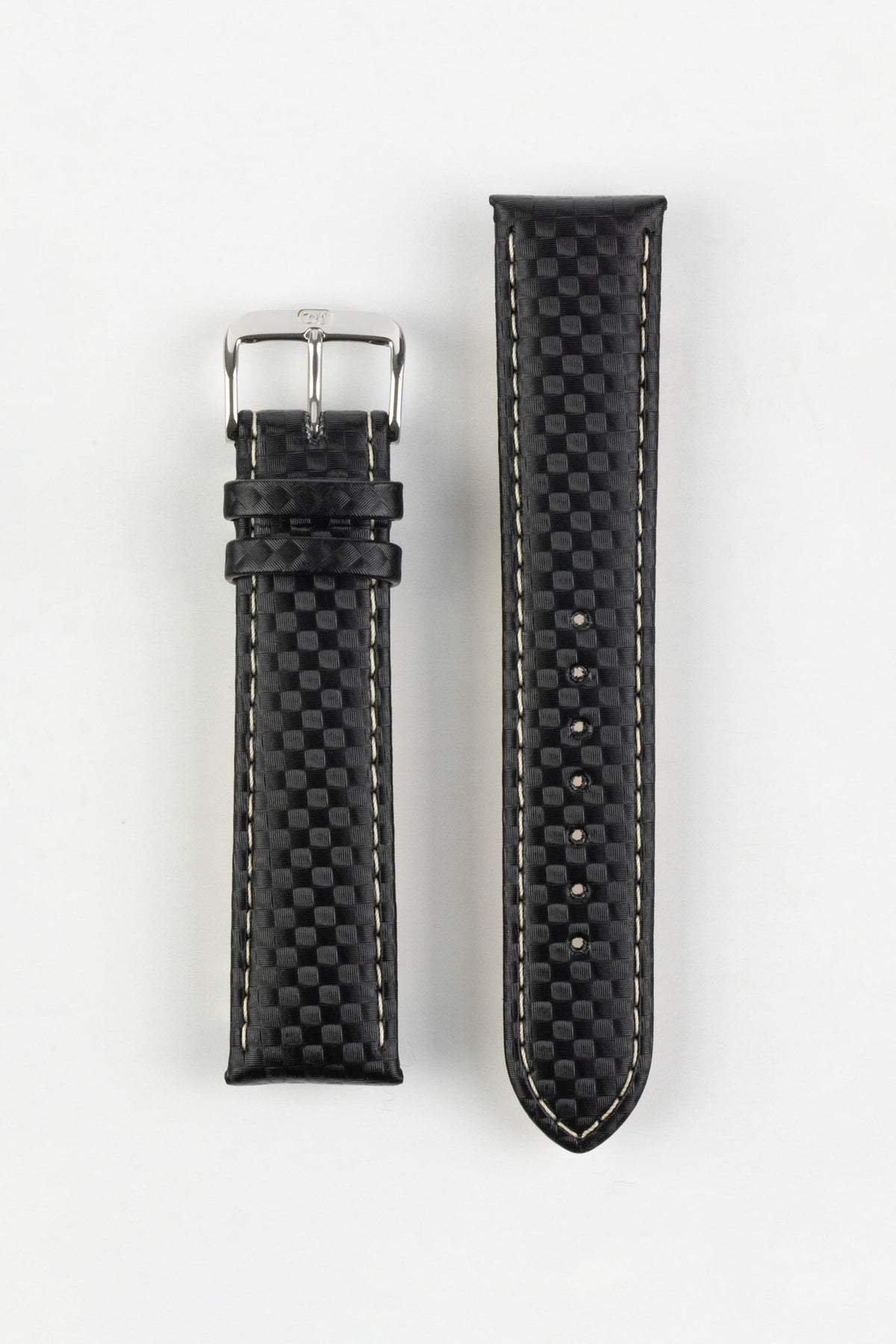 Black carbon-fibre-effect watch strap with checkerboard texture, light contrast stitching, and a silver-tone buckle. Tapered design with adjustable sizing holes and a pointed tip.