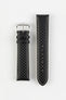 Black carbon-fibre-effect watch strap with checkerboard texture, light contrast stitching, and a silver-tone buckle. Tapered design with adjustable sizing holes and a pointed tip.