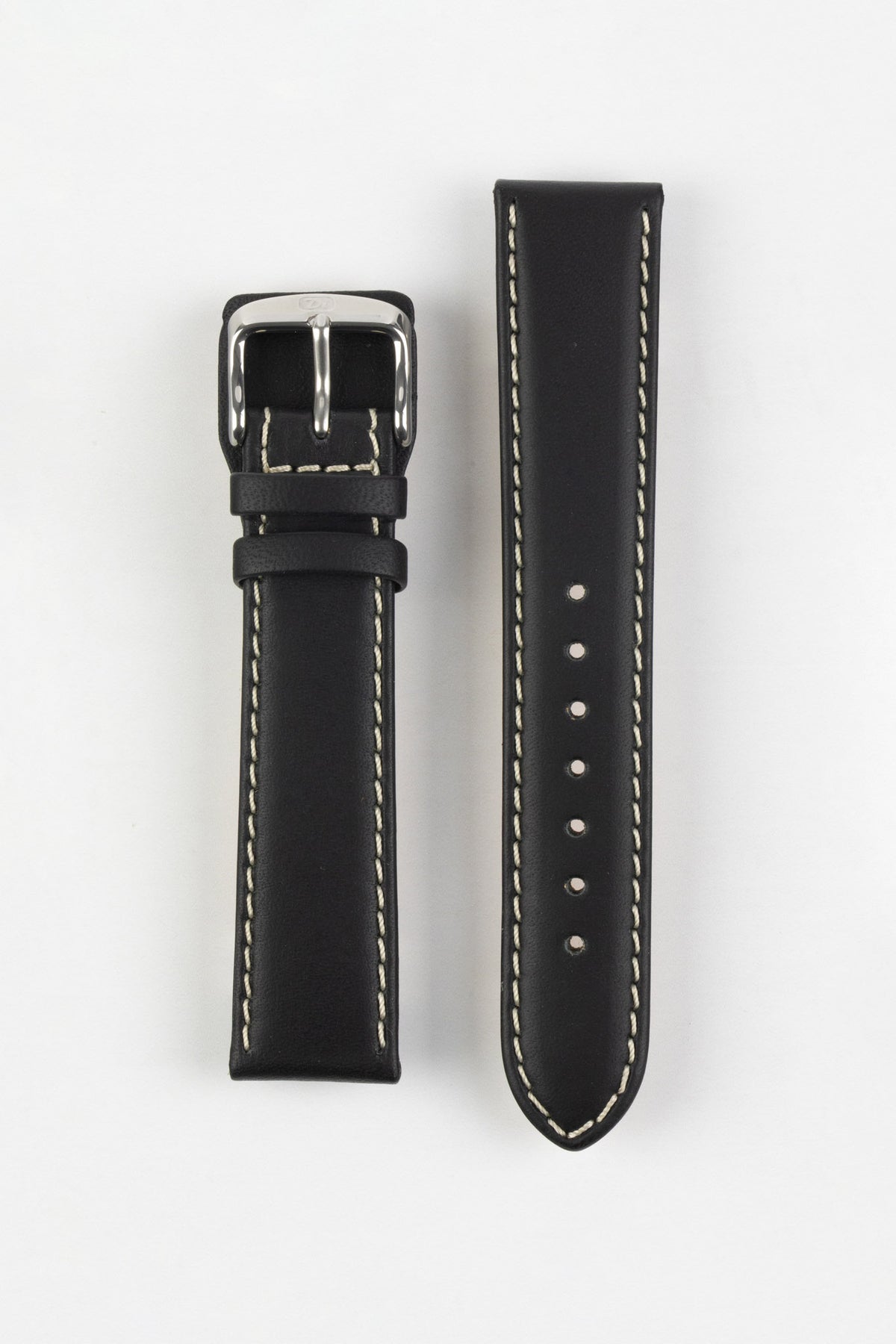 Black leather watch strap with beige contrast stitching and silver-tone buckle. Tapered design with adjustable sizing holes and a classic pointed tip.