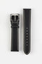 Black leather watch strap with beige contrast stitching and silver-tone buckle. Tapered design with adjustable sizing holes and a classic pointed tip.
