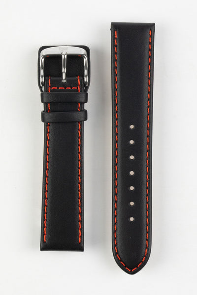 Black leather watch strap with red contrast stitching and a polished stainless steel buckle, displayed on a white background.
