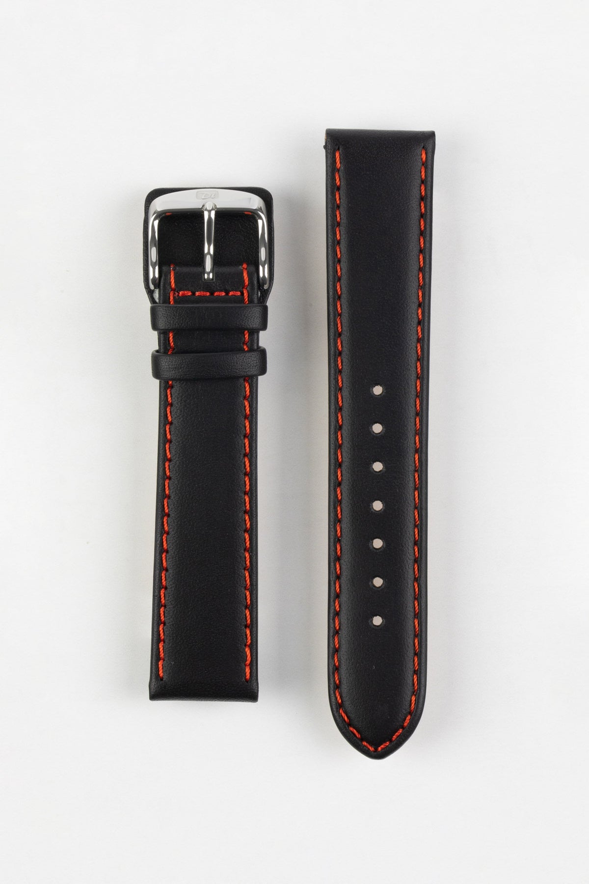 Black leather watch strap with red contrast stitching and silver-tone buckle. Adjustable fit with a tapered design and rounded-point tip.