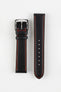 Black leather watch strap with red contrast stitching and silver-tone buckle. Adjustable fit with a tapered design and rounded-point tip.