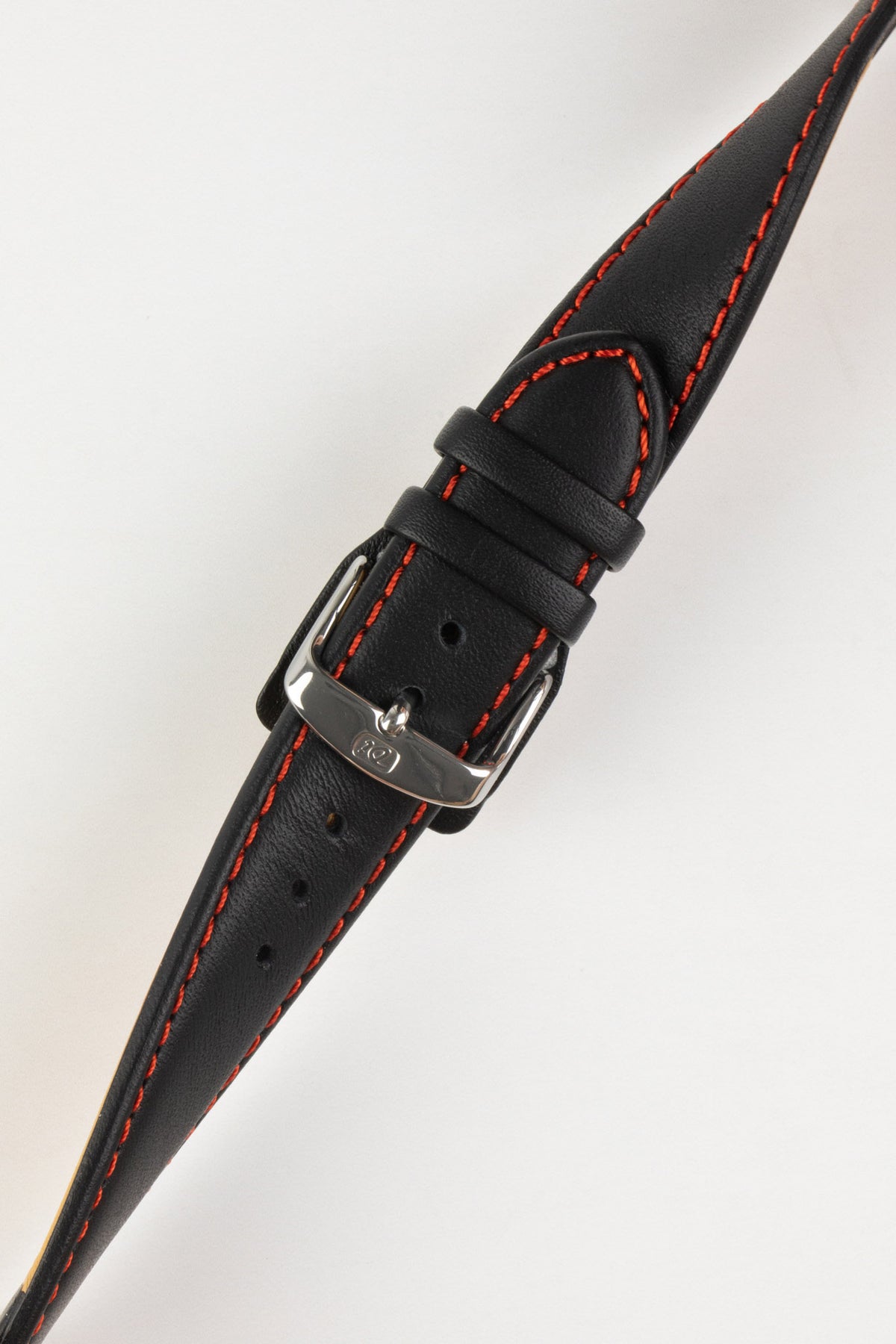 Black leather watch strap with red contrast stitching and a polished stainless steel buckle, displayed on a white background.