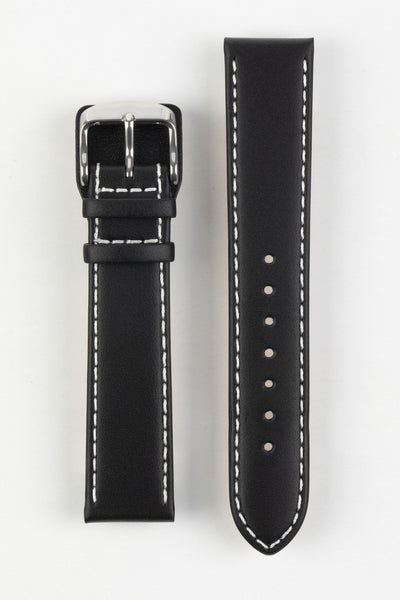 Black leather watch strap with white contrast stitching and a polished stainless steel buckle, displayed on a white background.