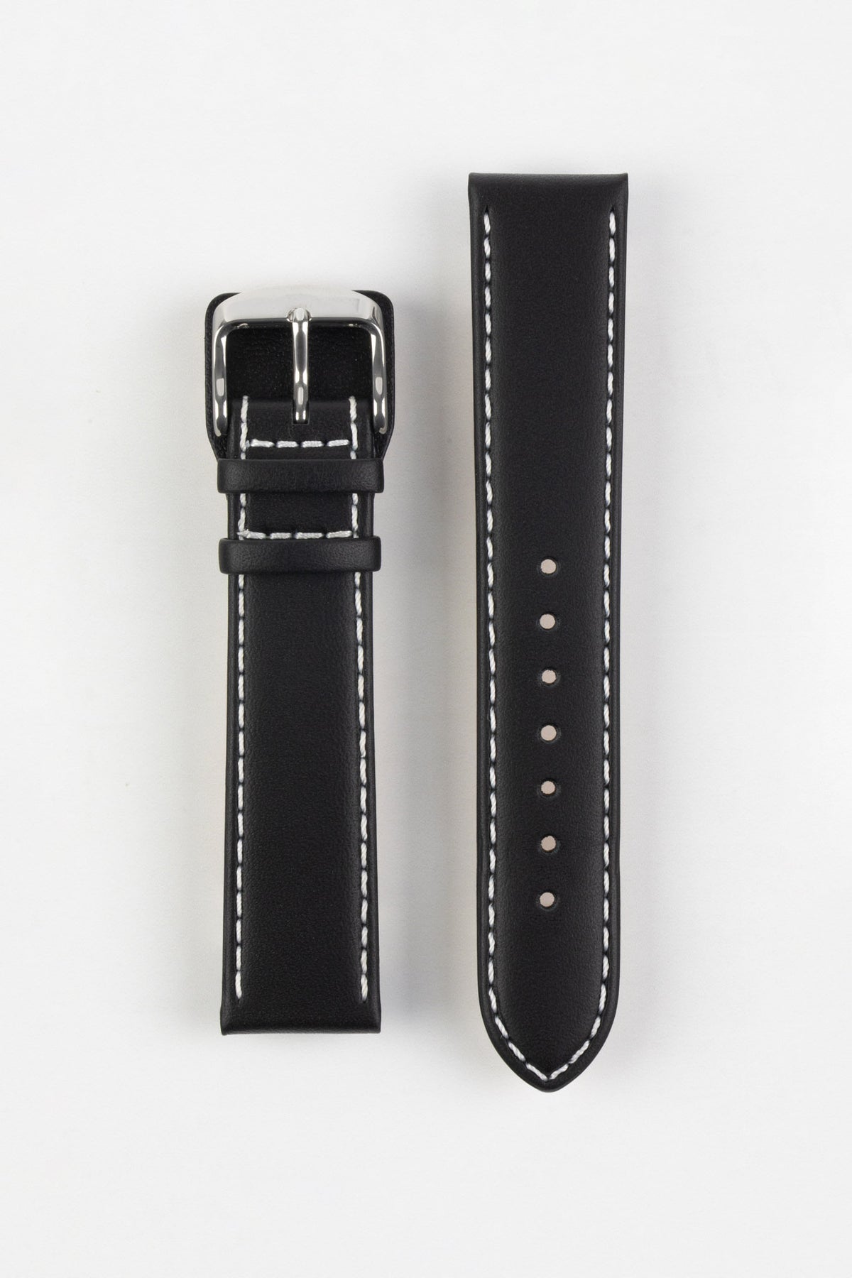 Black leather watch strap with white contrast stitching and a polished stainless steel buckle, displayed on a white background.