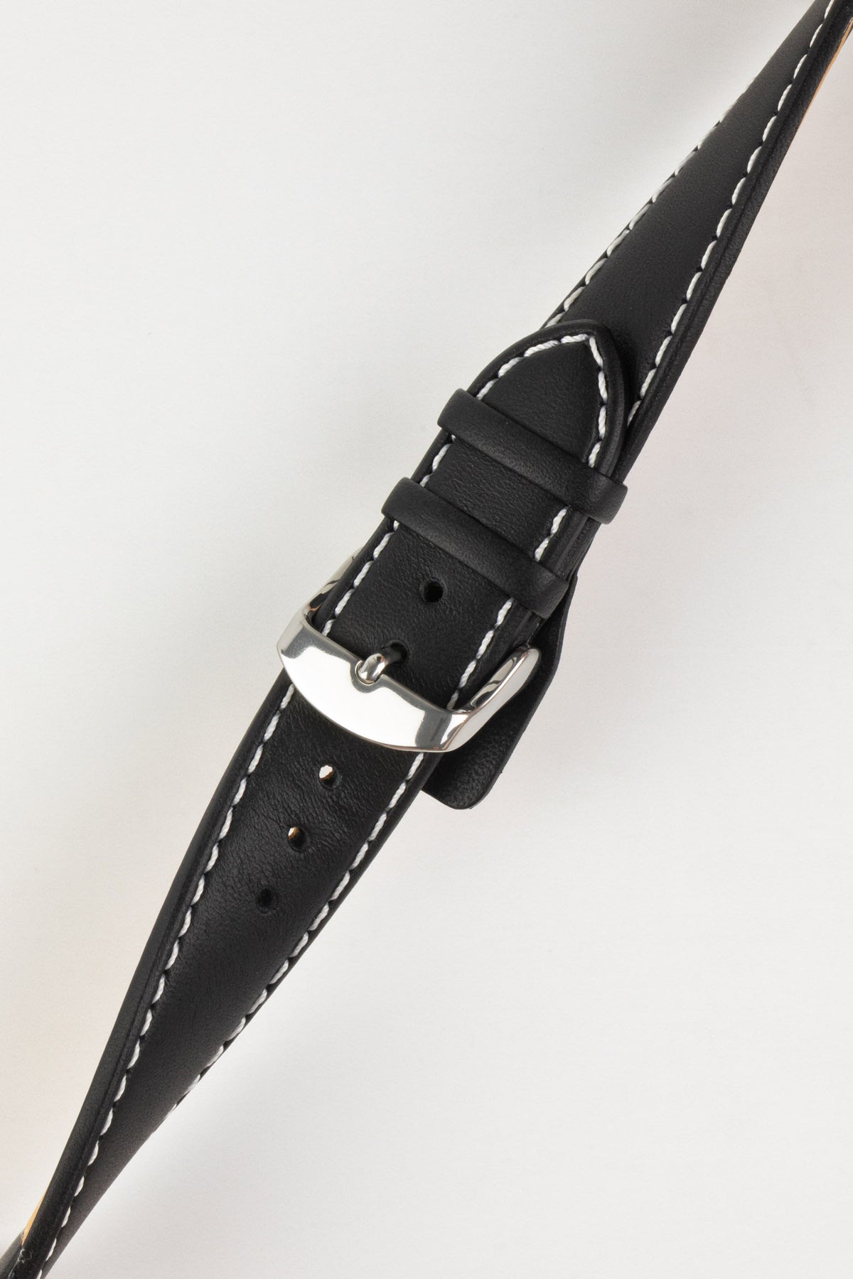 Black leather watch strap with white contrast stitching and a polished stainless steel buckle, displayed on a white background.