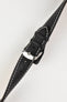 Black leather watch strap with white contrast stitching and a polished stainless steel buckle, displayed on a white background.