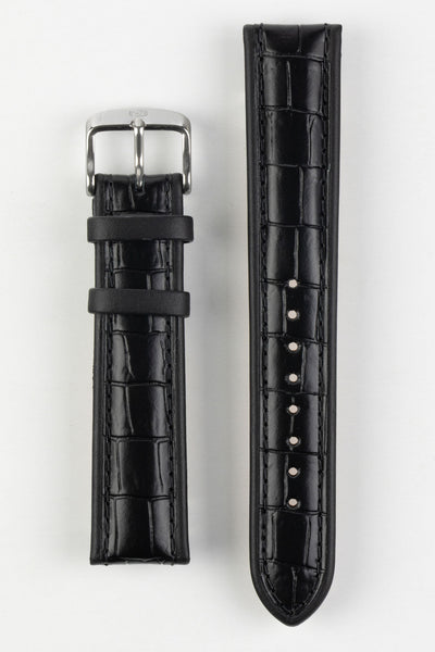Black alligator-grain leather watch strap with matching black stitching and a polished stainless steel buckle, displayed on a white background.