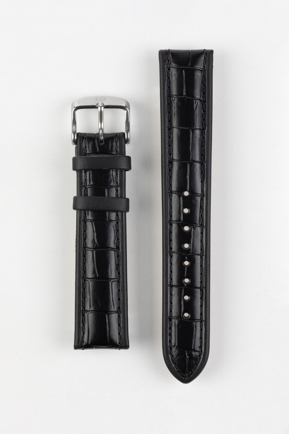 Black alligator-grain leather watch strap with matching black stitching and a polished stainless steel buckle, displayed on a white background.