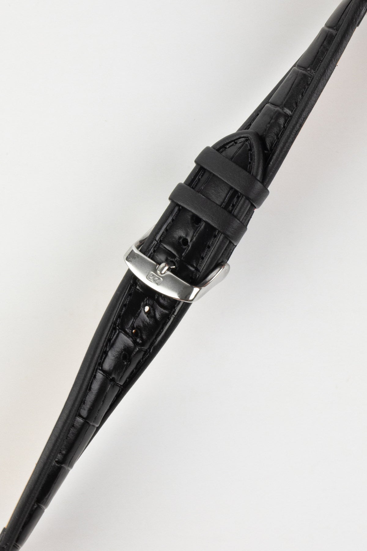 Black alligator-grain leather watch strap with matching black stitching and a polished stainless steel buckle, displayed on a white background.