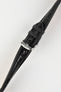 Black alligator-grain leather watch strap with matching black stitching and a polished stainless steel buckle, displayed on a white background.
