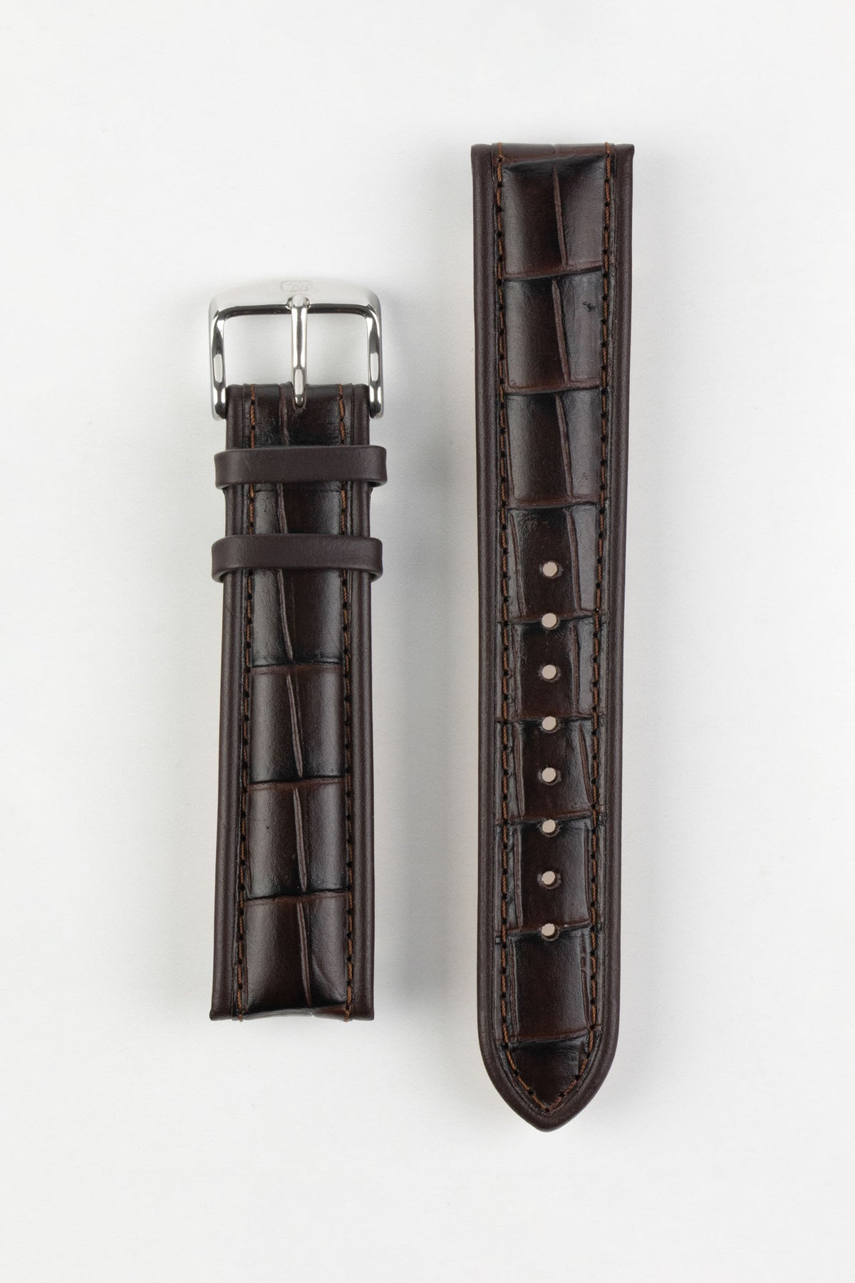 Dark brown alligator-grain leather watch strap with matching stitching and a polished stainless steel buckle, displayed on a white background.