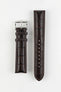 Dark brown alligator-grain leather watch strap with matching stitching and a polished stainless steel buckle, displayed on a white background.