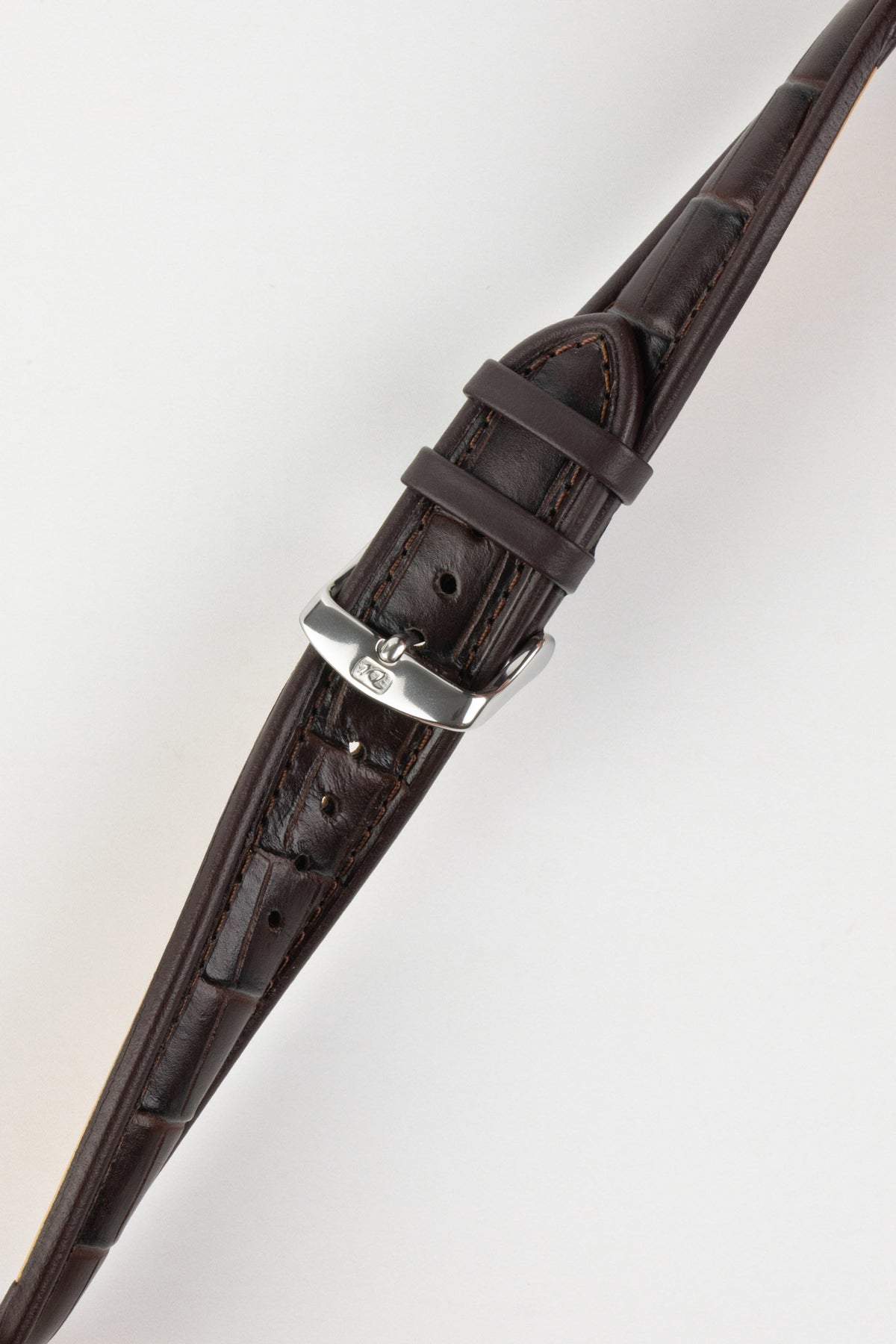 Dark brown alligator-grain leather watch strap with matching stitching and a polished stainless steel buckle, displayed on a white background.