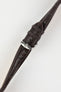 Dark brown alligator-grain leather watch strap with matching stitching and a polished stainless steel buckle, displayed on a white background.