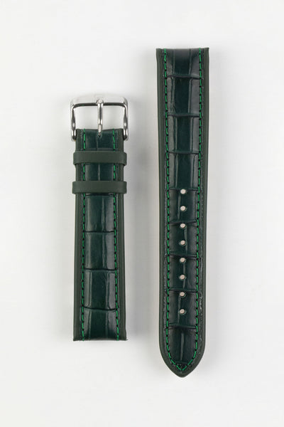 Dark green alligator-grain leather watch strap with green contrast stitching and a polished stainless steel buckle, displayed on a white background.
