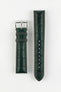Dark green alligator-grain leather watch strap with green contrast stitching and a polished stainless steel buckle, displayed on a white background.