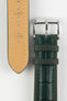 Dark green alligator-grain leather watch strap with a beige leather lining, green contrast stitching, and a polished stainless steel buckle, displayed on a white background.