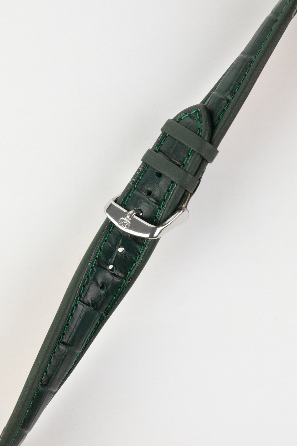 Dark green alligator-grain leather watch strap with green contrast stitching and a polished stainless steel buckle, displayed on a white background.